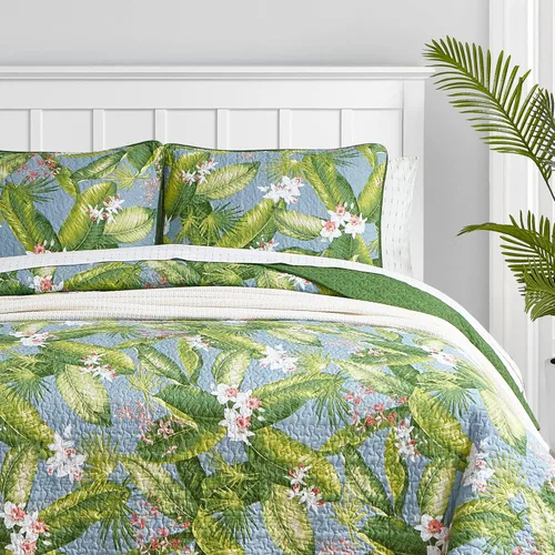 Vista 3 de Tommy Bahama Juego de edredón reversible de algodón con fundas a juego, decoración ligera del hogar para todas las estaciones, Queen, verde/azul