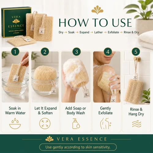 Vista 5 de Esponja natural de lufa, esponja egipcia para el cuerpo, esponja de baño y exfoliante corporal, 4