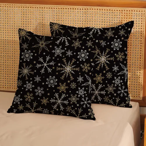 Vista 2 de Fundas de almohada de Navidad de 18x18 Juego de 2 Cojines dorados de copo de nieve de invierno Fundas de almohada negras Cojines decorativos de Copo