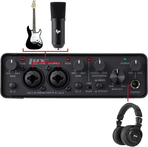 Vista 2 de LyxJam Paquete de grabación de interfaz de audio USB 2 × 2, micrófono de condensador cardioide, auriculares de estudio, montaje de choque, cable