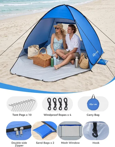 Vista 7 de Glymnis Tienda de campaña de playa desplegable para 1-4 personas, refugio solar UPF 50+ con cremallera para puerta, portátil, fácil de poner