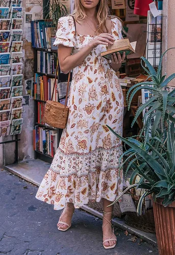 Vista 7 de ZESICA - Vestido de verano largo para mujer, diseño acampanado con cuello cuadrado y volantes, estampado floral y bohemio, para la playa