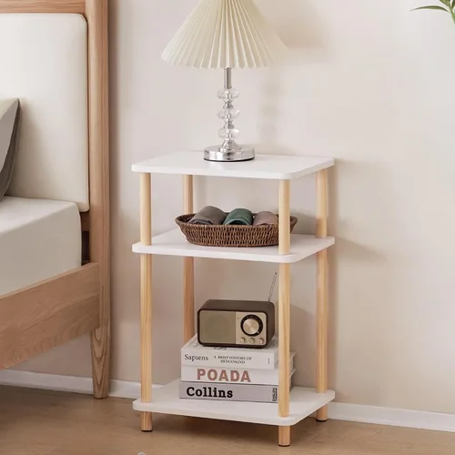 Vista 29 de Apicizon - Mesa auxiliar de 2 niveles, pequeña mesa auxiliar con patas de madera maciza, mesa de noche estilo boho con estante de almacenamiento