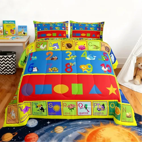 Vista 17 de jejeloiu Juego de edredón educativo para niños, tamaño matrimonial, juego de ropa de cama con números del alfabeto ABC para niños y niñas pequeños