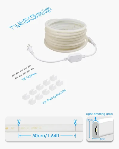 Vista 6 de Tira de luces LED COB de 5 M para dormitorio, 16.4 pies, luces LED de cuerda para exteriores, impermeable, blanco cálido, CA de 110 V ~ 120 V