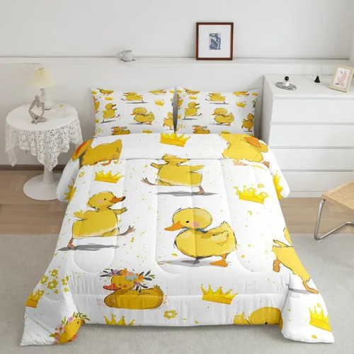 Vista 10 de Erosebridal Juego de ropa de cama a cuadros azul para niños, juego de cama individual con diseño de patos amarillos de dibujos animados, juego