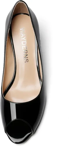 Vista 3 de WAYDERNS Zapatos de tacón bajo con cuña de charol y puntera abierta para mujer de 2 pulgadas