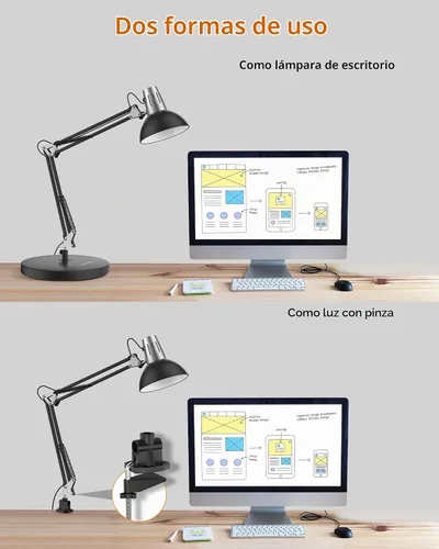 Vista 4 de LEPOWER Lámpara de escritorio ajustable de metal con abrazadera, brazo Negro
