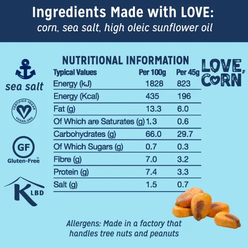 Vista 2 de LOVE CORN Sal Marina 16oz x 1 Bolsa - Delicioso Maíz Crujiente - Aperitivos Familiares Saludables - Sin Gluten, Kosher, Sin OGM - Alternativa