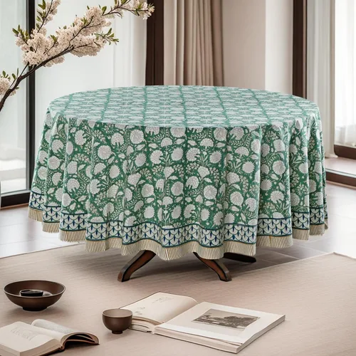 Vista 2 de Mantel redondo con estampado de bloque a mano, 100% algodón, reutilizable, turquesa, verde musgo, 90 pulgadas, mantel decorativo para uso diario