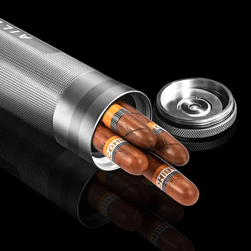 Vista 4 de AILE Humidor de acero inoxidable para cigarros, tubo de viaje plateado para 3 a 4 puros, estuche portátil para puros, higrómetro de cigarros, gran