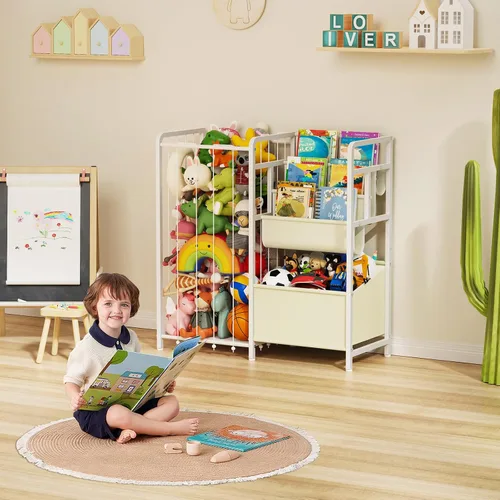 Vista 7 de Estantería para niños y almacenamiento de juguetes, estante de libros para niños de 3 niveles para habitaciones infantiles con almacenamiento