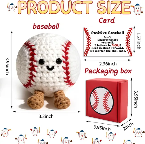 Vista 3 de Regalos positivos de ganchillo de béisbol para niños, hombres, papá, muñeca de punto inspiradora con tarjeta de aliento y llavero de caja, divertida