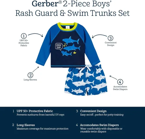 Vista 5 de Gerber Conjunto de traje de baño de manga larga para bebés y niños pequeños