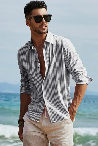 Vista 5 de JMIERR Camisas de algodón para hombre, camisa de vestir a rayas con botones y manga larga
