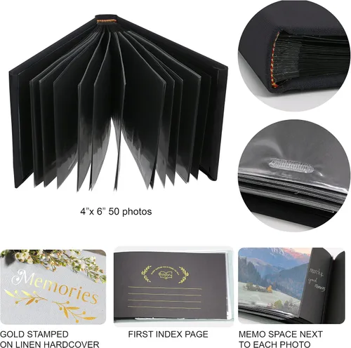 Vista 3 de Holoary Álbum de fotos pequeño de 4 x 6 pulgadas, tapa dura de lino, capacidad para 50 fotos, encuadernado con páginas negras, mini álbumes de fotos