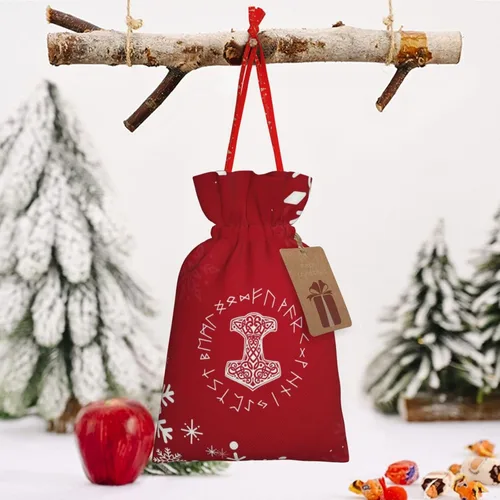 Vista 8 de Mjolnir And Rune Wheel Norse Mythology Symbol Christmas Drawstring Bag Gift Bag, Red Storage Bag, Christmas Gift Bags, Christmas Fabric Bags