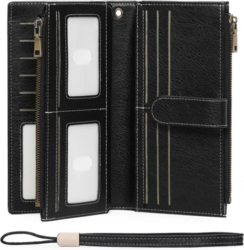 Vista 19 de GOIACII Carteras para Mujer de Gran Capacidad Portador de Tarjetas de Crédito Cartera Rfid Mujer Doble Cremallera Bolsillo Cuero Bifold para Damas