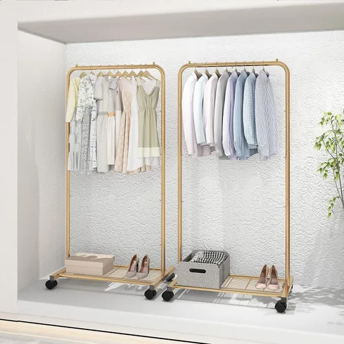 Vista 7 de Simple Trending - Perchero estándar para ropa con ruedas y estante de almacenamiento de malla en color amarillo dorado