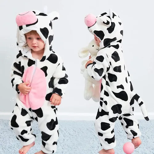 Vista 2 de GRNSHTS Newborn Baby Cartoon Cows Warm Flannel Hooded Romper Unisex Baby Animal Costume Winter Autumn Jumpsuit