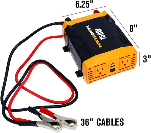 Vista 2 de PowerDrive PWD750 inversor de energía de 750 vatios - convertidor de coche de 12 V CC a 110 V CA con 2 puertos USB y 2 salidas CA