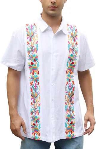 Vista 13 de Camisas mexicanas para hombre, camisa de manga corta bordada con botones y cuello de guayabera tradicional Alebriges Negro
