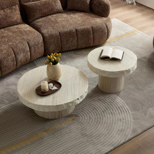 Vista 7 de JUSTONE Mesa de Centro Redonda para Sala de Estar, Mesa de Acento Moderna de 31.5 Pulgadas con Acabado de Piedra Artificial Beige Desgastado, Mesa