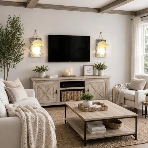 Vista 21 de Decoración rústica de madera para colgar en la pared con tira de luces LED para sala de estar y dormitorio modernos, estilo campestre inspirador