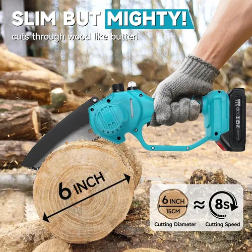 Vista 8 de Mini motosierra de mano inalámbrica de 6 pulgadas con engrasador automático, motosierra eléctrica portátil para cortar árboles/madera, bloqueo