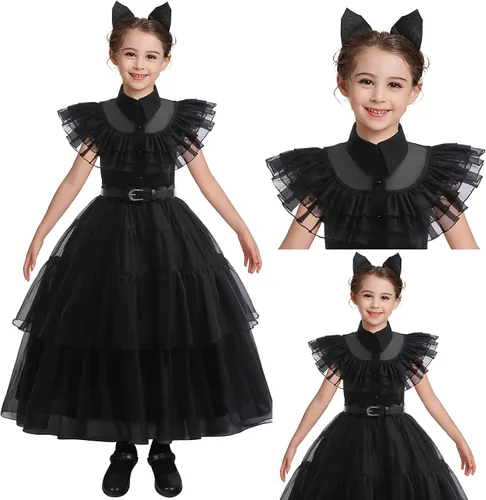 Vista 2 de Hellet Vestido de disfraz negro para niñas, vestido de princesa para familia, fiesta de Halloween, cosplay, vestido negro