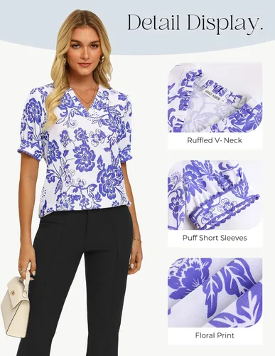 Vista 3 de GRACE KARIN Blusas florales bohemias para mujer, camisas casuales de verano de manga corta abombada, blusa de trabajo de vacaciones con cuello en V
