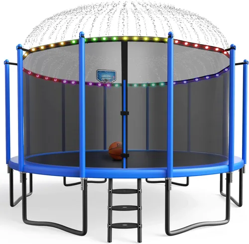 Vista 9 de YORIN【Mejora engrosada】Trampolí para niños con luz, aspersor, calcetines 16 pies 15 pies 14 pies 12 pies 10 pies 8 pies con aro de baloncesto, red