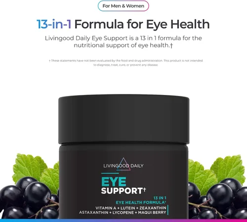Vista 2 de Livingood Daily Soporte para los ojos, suplemento de visión 13 en 1 con luteína, zeaxantina, astaxantina, vitamina A, licopeno, bayas de maqui