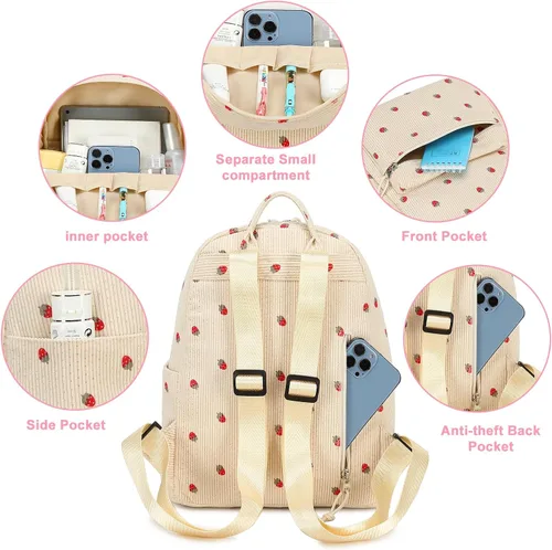 Vista 5 de Bluboon Mini mochilas para niñas pequeñas, mochila escolar, mochila kawaii para mujer, Pana Fresa-beige, Pequeño, Mini mochila casual para niñas