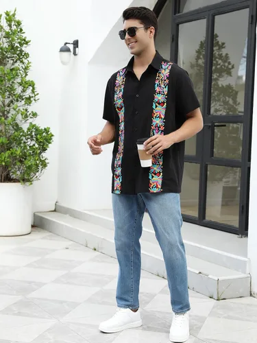 Vista 7 de Camisas mexicanas para hombre, camisa de manga corta bordada con botones y cuello de guayabera tradicional Alebriges Negro