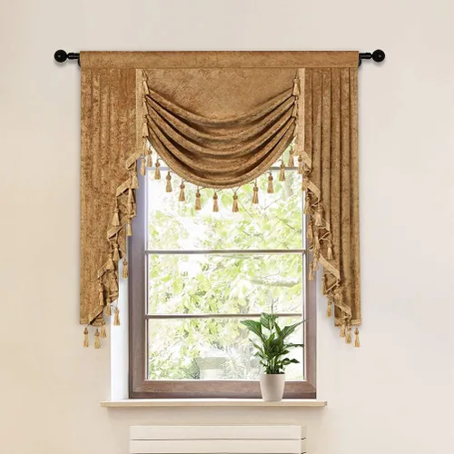 Vista 72 de ELKCA Cenefa de cortina de felpilla beige para ventana de sala de estar, cenefa de cascada para dormitorio, bolsillo para barra