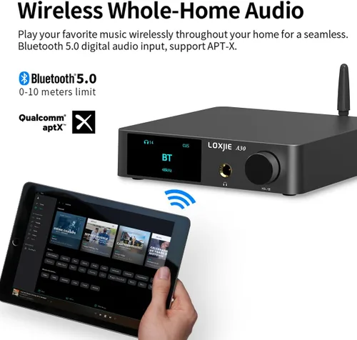 Vista 5 de LOXJIE Amplificador de potencia de audio estéreo de alta fidelidad A30 y amplificador de auriculares, amplificador de chip MA12070 clase D