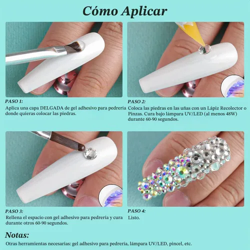 Vista 7 de Juego de 3440 piezas de cristales de vidrio transparente blanco y AB, en 6 tamaños con lápiz recogedor, pinzas para manicura con brillo iridiscente