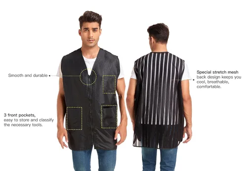Vista 2 de PERFEHAIR Chaleco de peluquero para hombre, mantente cómodo y elegante, ligero, diseño antiestático, ideal para estilistas, profesionales
