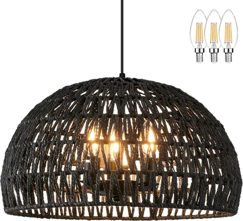 Vista 14 de Ayshwill Dec Lámpara de araña negra tejida estilo boho de ratán y mimbre con cúpula, lámpara colgante para comedor, dormitorio, isla de cocina