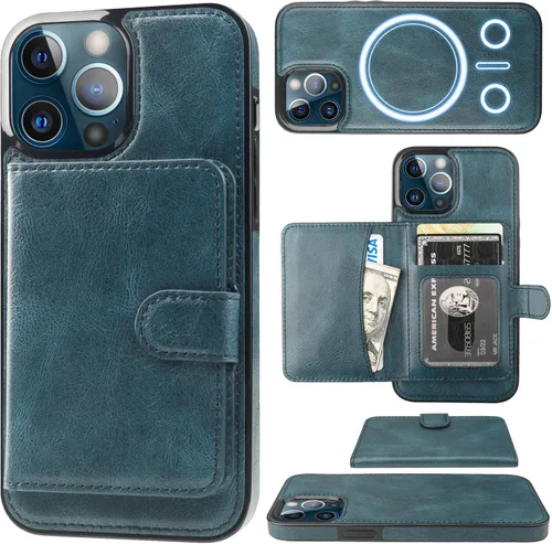 Vista 13 de Bocasal Funda tipo cartera para iPhone 13 Pro Max compatible con MagSafe magnético RFID bloqueo desmontable de piel sintética de alta calidad