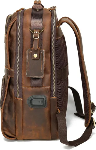 Vista 2 de LANNSYNE Mochila de cuero genuino vintage para hombres 15.6 pulgadas portátil bolsa de noche fin de semana camping mochila, Marrón, Mochilas