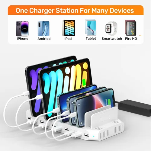 Vista 4 de Alxum Estación de carga múltiple, estación de carga USB de 10 puertos para múltiples dispositivos, base de carga de 60 W, 10 puertos, compatible