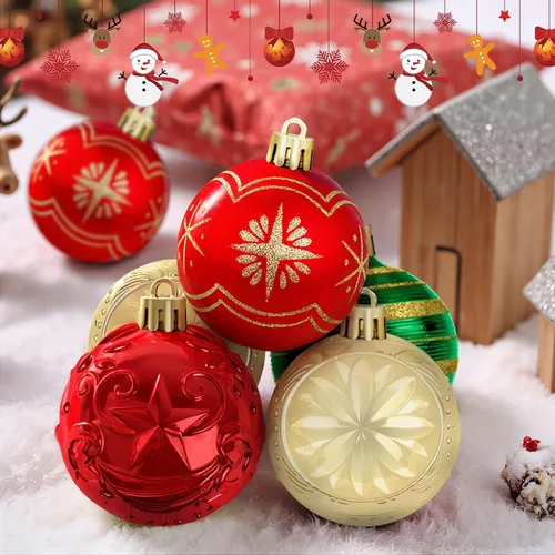 Vista 2 de 82 bolas de adorno de Navidad, decoraciones navideñas, verde, rojo y dorado