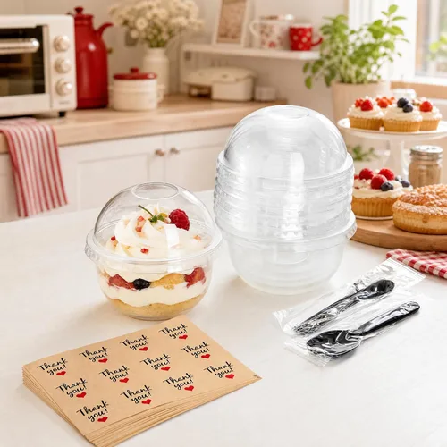 Vista 5 de Pumtus Paquete de 100 tazas de plástico de postre de 8 onzas con tapas de cúpula, tazas de yogur transparente sin agujeros, vasos desechables