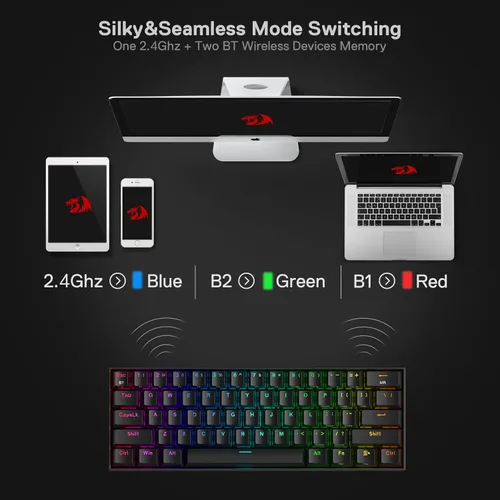 Vista 4 de Redragon K530 Pro Draconic - Teclado mecánico RGB 60% inalámbrico, Bluetooth2.4Ghzcable 3 modos 61 teclas teclado compacto para juegos con enchufe