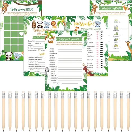 Vista 32 de Yinder 145 tarjetas de actividades para juegos de baby shower con 20 lápices, incluye descripción de bingo para bebés y deseos, adivina quién es