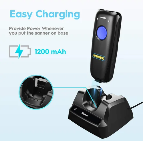 Vista 4 de NADAMOO Escáner de código de barras inalámbrico 1D compatible con Bluetooth, con base de carga, escáner de código de barras USB portátil
