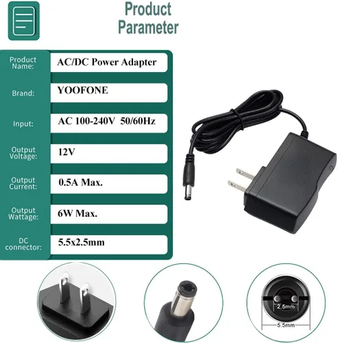 Vista 2 de Fuente de alimentación DC 12V 0.5A Adaptador de CA de 6 W 100-240V 50-60Hz a CC 12Volt 0.5A Adaptador de corriente Transformador DC 12V Cable