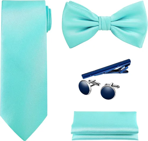 Vista 44 de TIE G 5pcs Tie Set in WHITE OR BLACK GIFT BOX: Solid Color Necktie, Satin Bow Tie, Pocket Square, Lapel, Cuff Links A-aqua